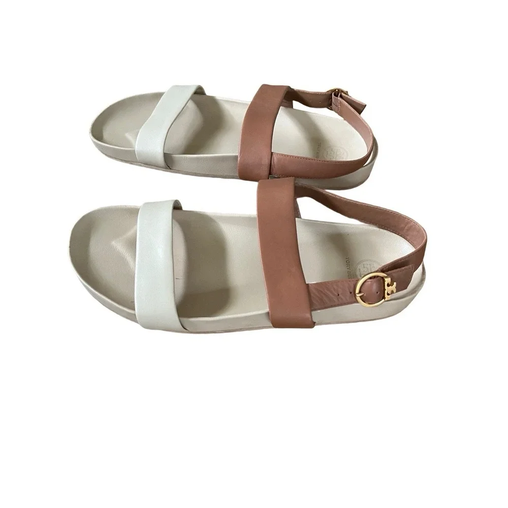 Tory Burch Women's Color Block Strap Sandal Size 10.5 Leather Brown Oatmeal Tan